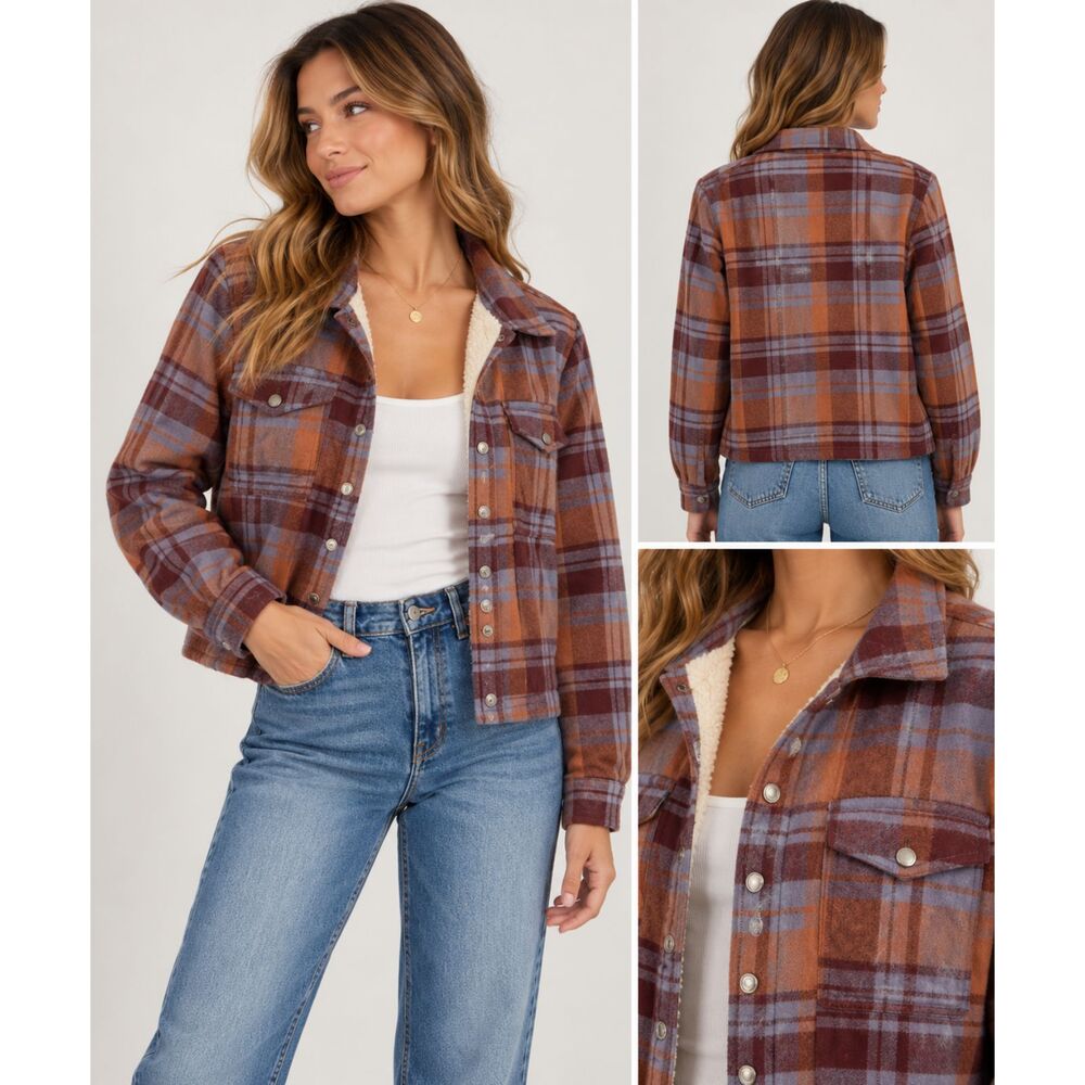 Lucky Brand Fleece Lined Jacket Snap Front Brown Blue Small Pockets